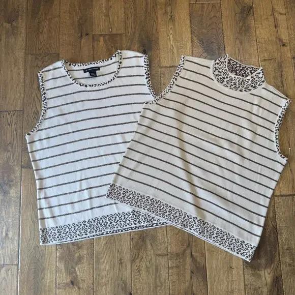 VTG 90s Goodclothes 3 pc Cardigan And Tank Cream Brown Leopard Stripe Set Sz XL - Picture 7 of 14